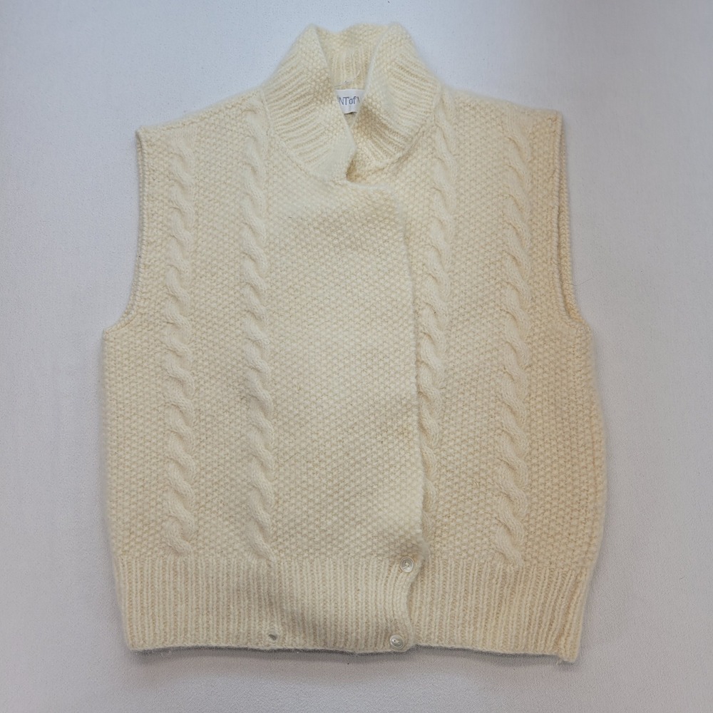 Point of View Sweater Vest Women Medium Cream Shetland Wool Cable Knit Mock Neck